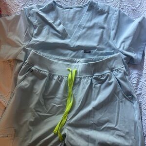 Figs Sky Blue Scrub Set with Neon Yellow Accent